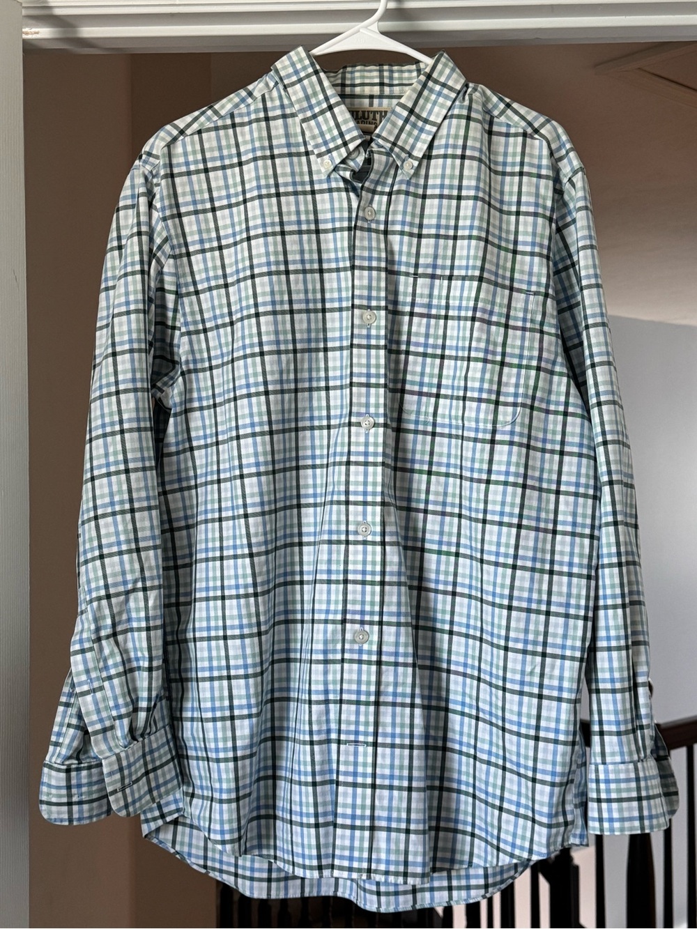 Duluth Trading Co. Button-Down Long Sleeve Plaid Dress Shirt-Light Blue & Green